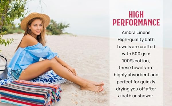 AMBRA LINENS 500 GSM HIGHLY ABSORBENT BATH TOWELS SET, 100% COTTON, SOFT AND PLUSH, ALL SEASONS USE, EXTRA LARGE, CABANA STYLE, BEST FOR POOL, BEACH, SPA, GYM (AQUA)