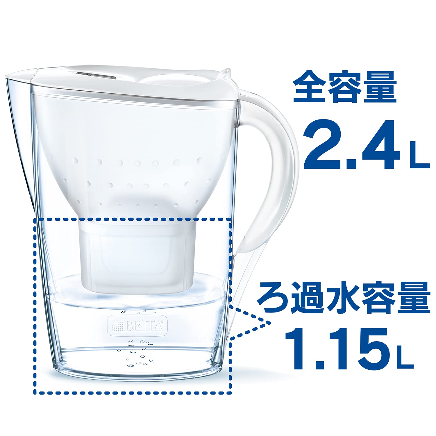 Brita Marella Water Filter Pitcher, Water Purifier, Filtration Capacity 0.3 gal (1.15 L), Total Capacity 0.6 gal (2.4 L), Includes 3 MAXTRA+ Cartridges