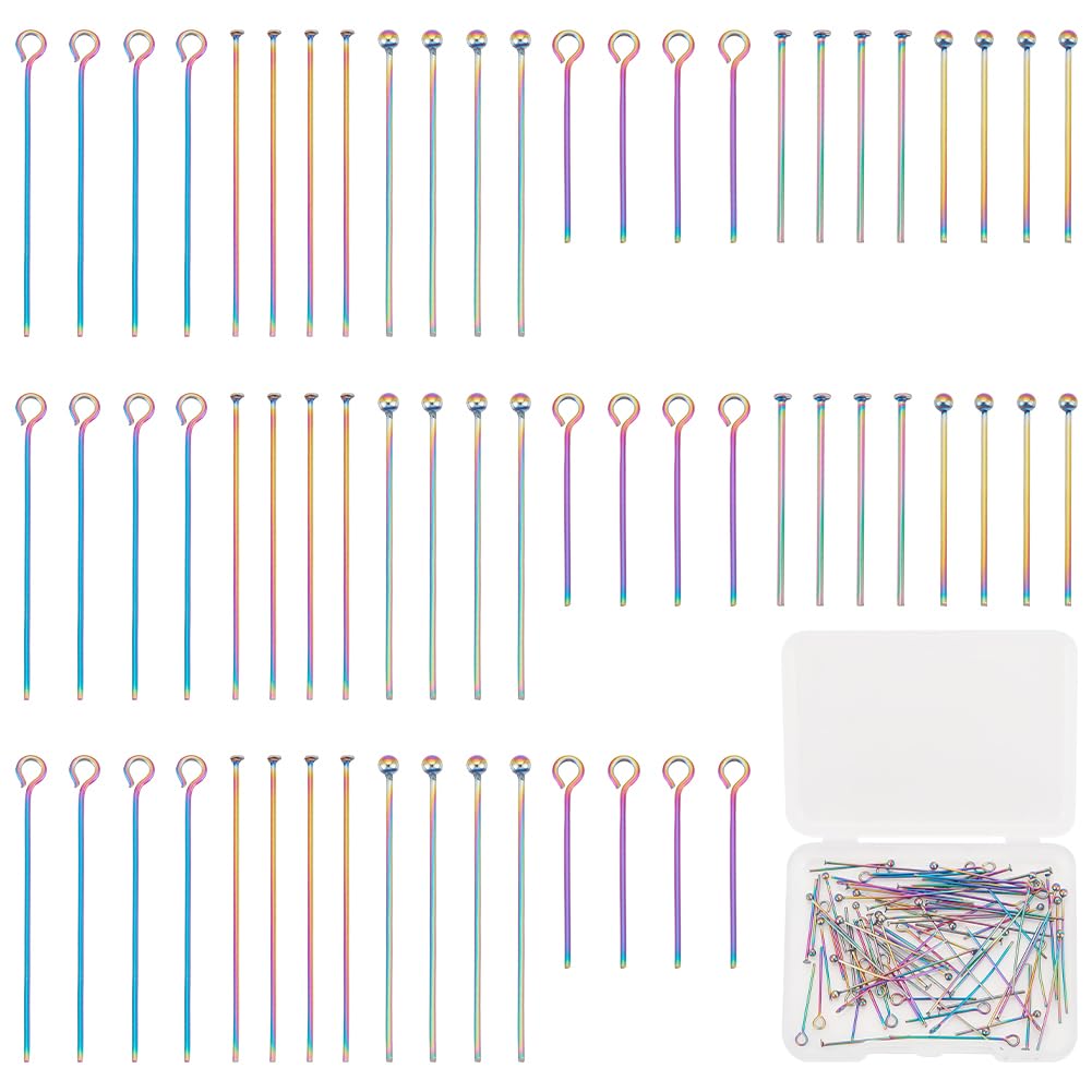 UNICRAFTALE about 90pcs 3 Styles Rainbow Head Pins Set 20-30mm Bendable Stainless Steel Ball Head Pins Metal Eye Pins Findings End Flat Headpins Findings for Earring Craft Jewelry Making