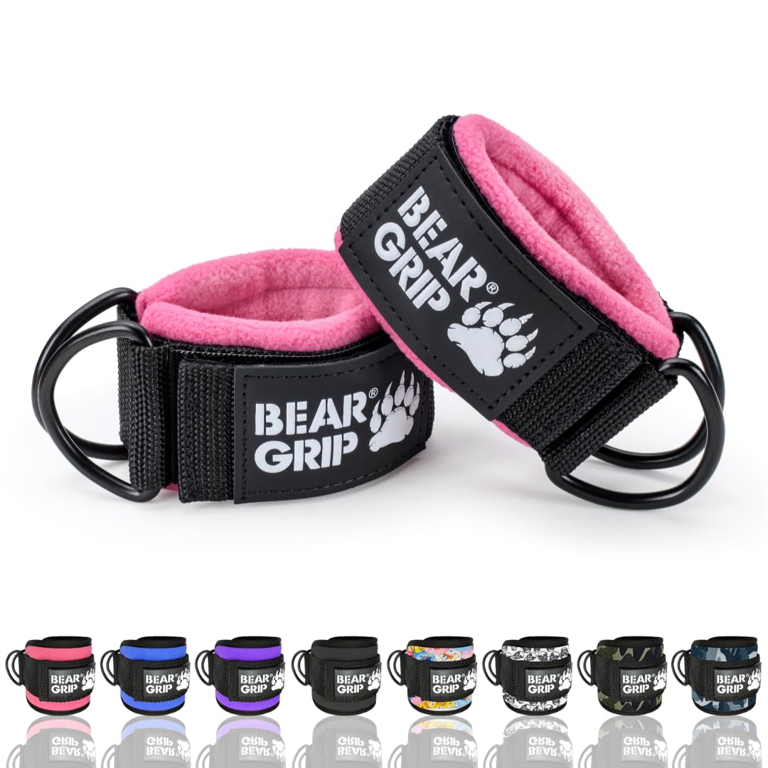 BEAR GRIP - Ankle Straps for Cables with New Fleece Design - Strong Closure, Double Stainless Steel D-Ring, Adjustable Neoprene - For Men & Women (Pink Slim - Pair)