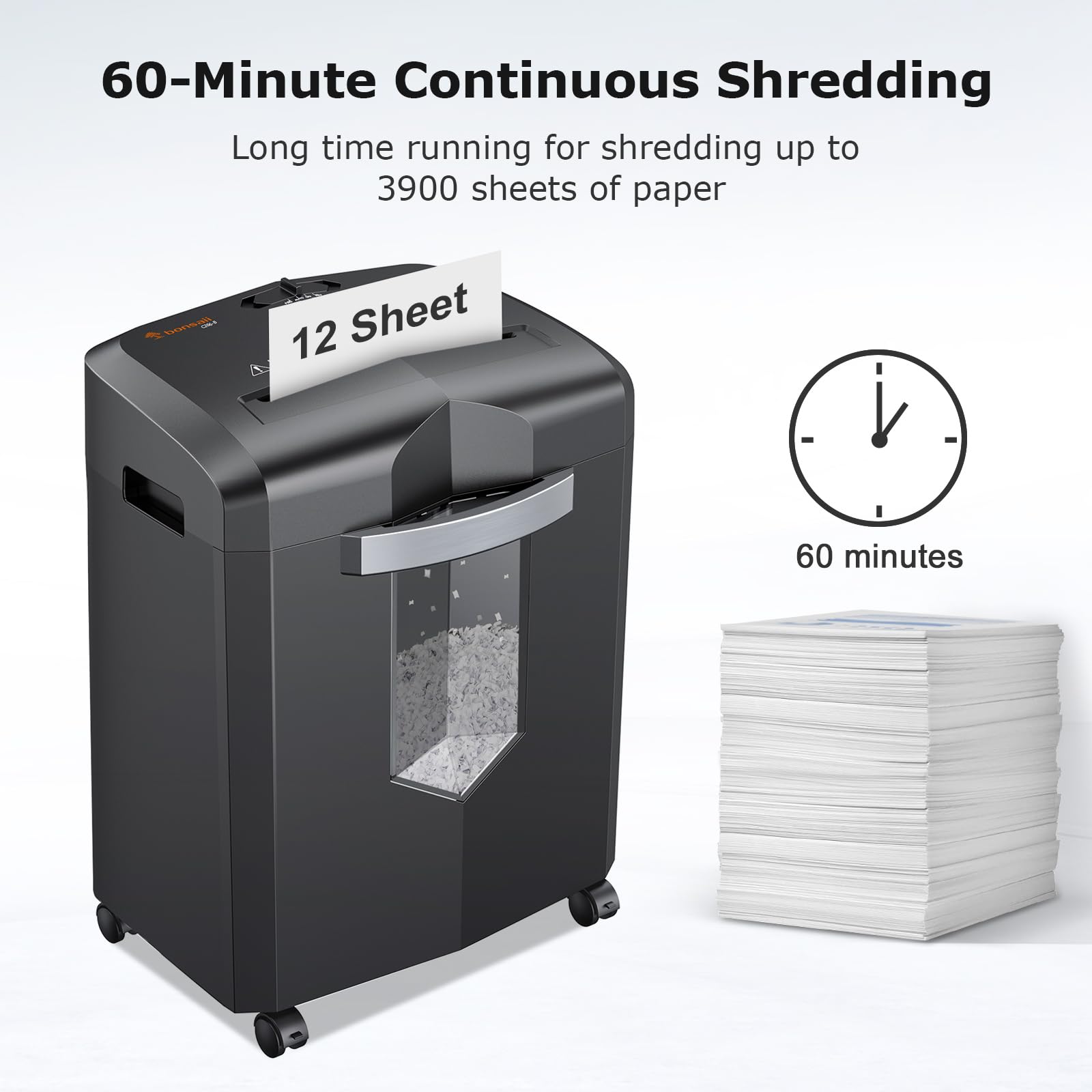 bonsaii 12-Sheet Micro Cut Shredders for Home Office, 60 Minute P-4 Security Level Paper Shredder for CD, Credit Card, Mails, Staple, Clip, with Jam-Proof System & 4.2 Gal Pullout Bin C266-B