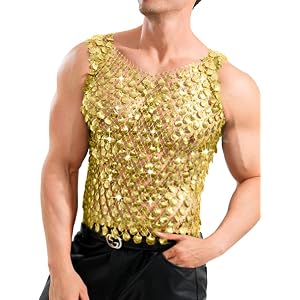 ChiaoLezhee Men's Shell Sequin&Rhinestone Mesh Shirt Sparkly Sexy Tank Top | Fishnet Backless Reflective Metallic Outfits, Ra