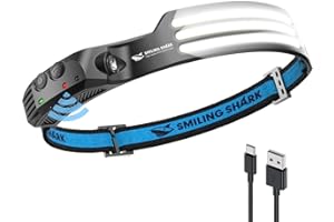 Smiling Shark LED Headlamp, 230°Wide Angle 3*White Light Strips The Brightest Head Lamp Rechargeable with Motion Sensor Water