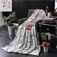 SSKJTC Doodle Mustard Throw Blanket London Double Decker Bus Bed Sleeping Travel Pets Reading W84 xL70