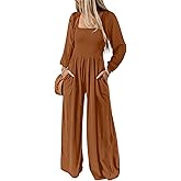 Happy Sailed Women's Long Sleeve Jumpsuits Loose Fit Overalls Square Neck Pockets High Waisted Wide Leg Pants Rompers