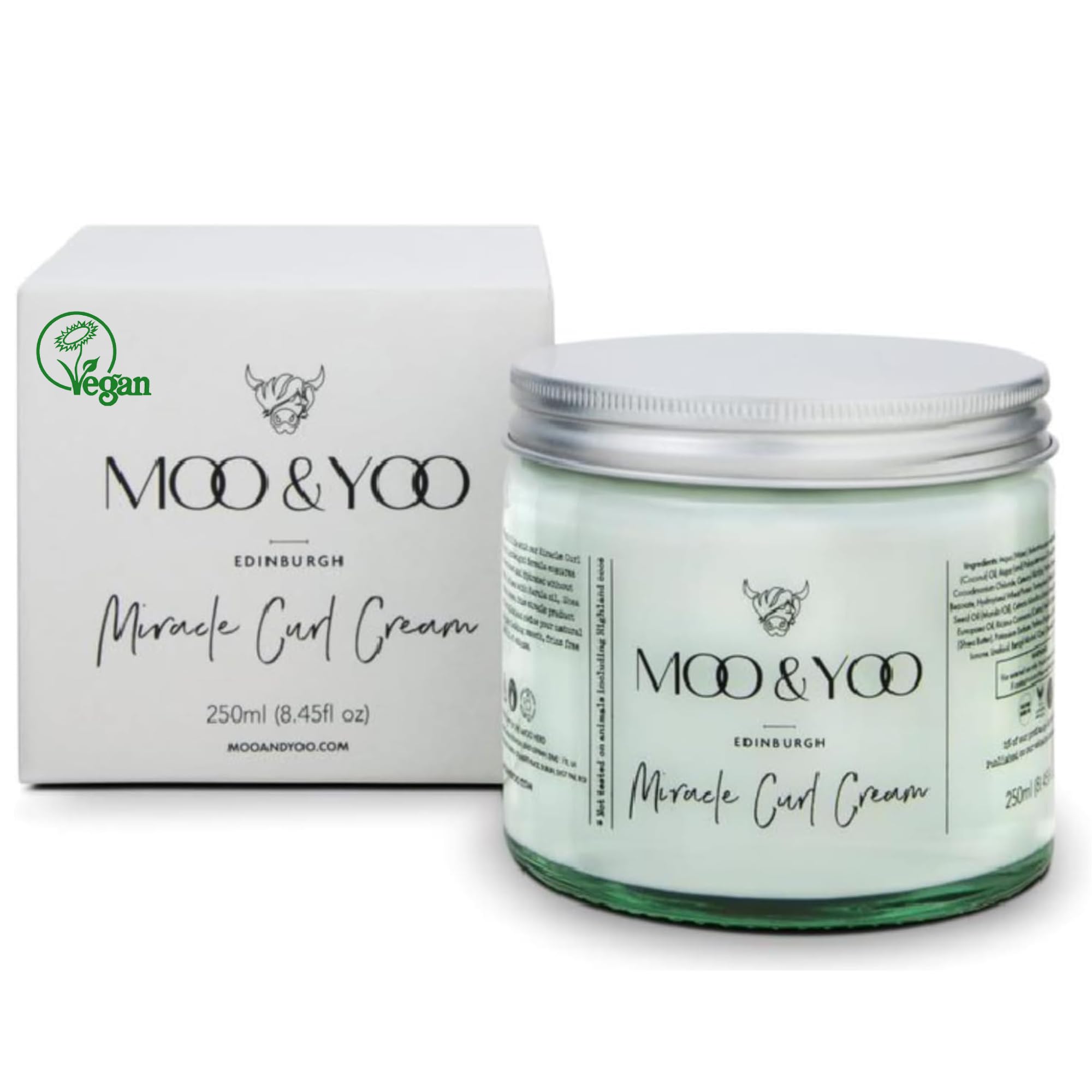 Moo & Yoo Miracle Curl Cream – Curl Cream for Curly & Wavy Hair with Marula Oil & Shea Butter – Defines Curls, Reduces Frizz & Adds Shine – Vegan & Cruelty Free – 250ml Recyclable Glass Jar