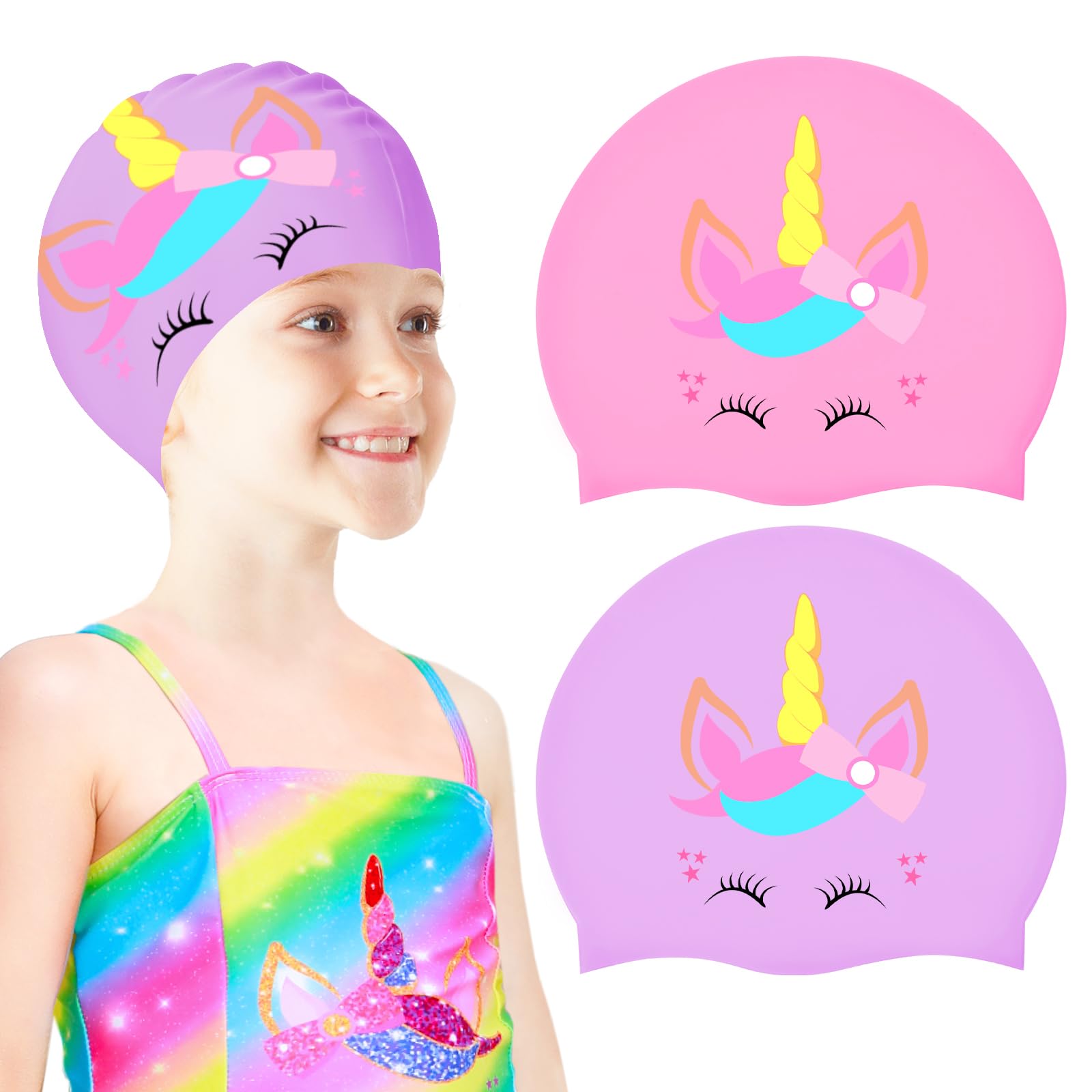 Photo 1 of Sylfairy 2 pcs Kids Swim Cap Silicone Swimming Cap for Boys Girls (Age 2-6) Cover Ears Waterproof Bathing Cap Keep Hair Dry Swimming Hat for Hair