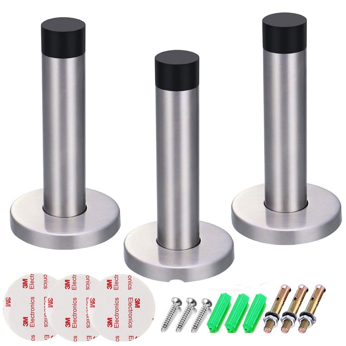 Dproptel Adhesive Mounted Door Stop Chrome Silver Heavy Duty Doorstop Stainless Steel Door Stopper with Bumper Rubber Buffer - 3 Pack (8cm)
