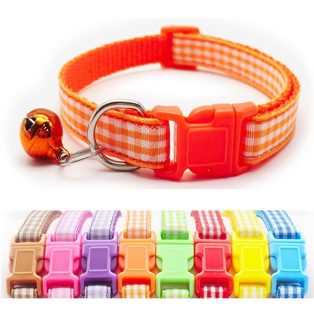 Small Dog Puppy Pet Collar Check Checkered Design with Bell Nylon Adjustable Size 19-32cm Orange