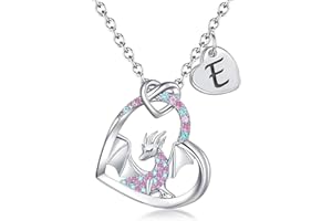 BAOWING Dragon Necklace Gifts for Kids Girls Rainbow Dinosaur Animal Pendant Colorful CZ Heart Letter Initial Jewelry Gifts for Daughter Granddaughter Niece Little Teen Girl