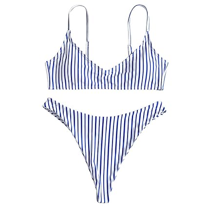 ZAFUL Damen Push Up Spaghetti-Trägern High Cut Striped Tanga Bikini Set Badeanzug Bademode