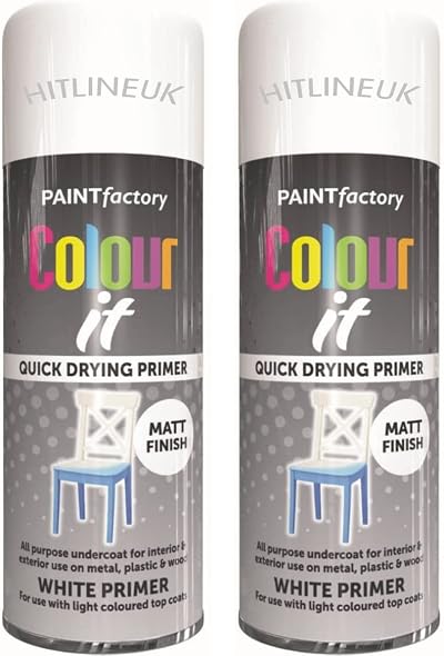 HitlineUK 2x 400ML Matt White Primer Spray Paint Metal Plastic Wood Quick Dry