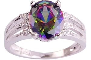 Lozeux Silver Plated Ring Oval Cut Created Rainbow Topaz Cubic Zirconia Filled Engagement Wedding Proposal Promise Band for Women Lovers