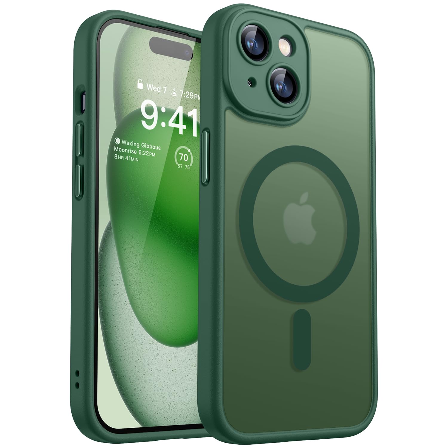CANSHN Magnetic Compatible with iPhone 15 Plus Case, Upgraded [Full Camera Protection] [Compatible with Magsafe] [Translucent Matte] Shockproof Protective Phone Case 6.7" - Deep Green