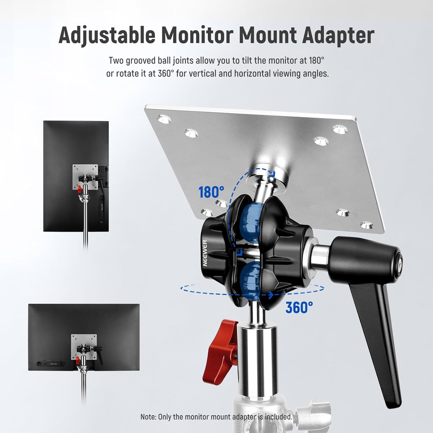 NEEWER Monitor Mount Adapter with VESA Mount, Aluminum Alloy Light Stand Adapter Dual 360° Ball Joint M4 Screw & 5/8