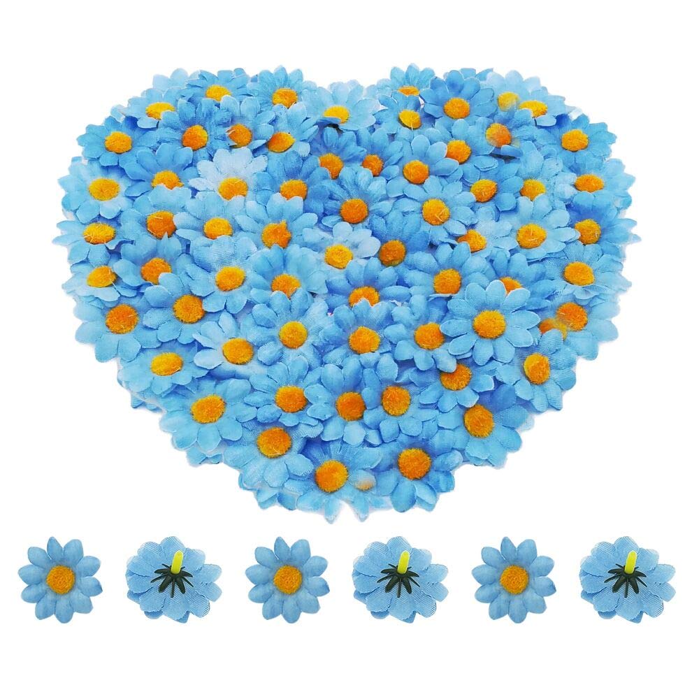 Artificial Daisy Flower Heads 100pcs Fake Gerbera Petals Sky Blue for DIY Garland Craft Birthday Indoor Outdoor Party Easter Bonnet