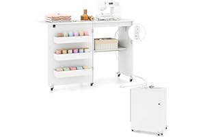 DORTALA Folding Sewing Table with Charging Station, Rolling Craft Station with 3 Storage Bins & Open Shelf, Mobile Sewing Machine Desk with Lockable Wheels for Home, Small Spaces (White)