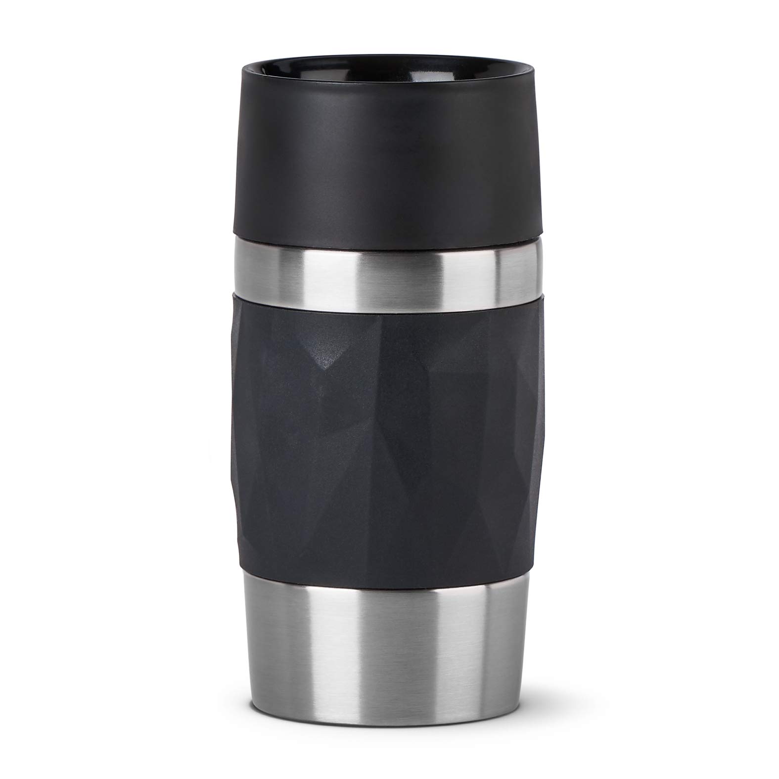 Emsa N21601 Travel Mug Compact Thermal/Insulated Mug Stainless Steel 0.3 litres 3 Hours Hot 6 Hours Cold BPA Free 100% Leak-Proof Dishwasher Safe 360° Drinking Opening Black