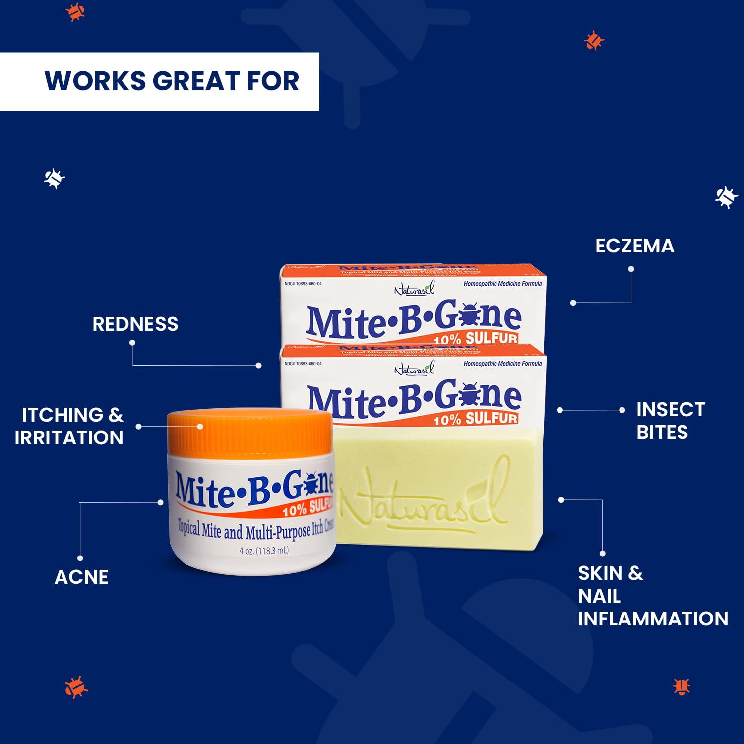 Fast-Acting Bug Bite Relief Pack by Mite-B-Gone - Calming Sulfur Cream + 2 Soaps | Safe for Kids & Adults| Treats Insect & Mosquito Bites, Itch & Discomfort| All-Natural & Effective for All Skin Types
