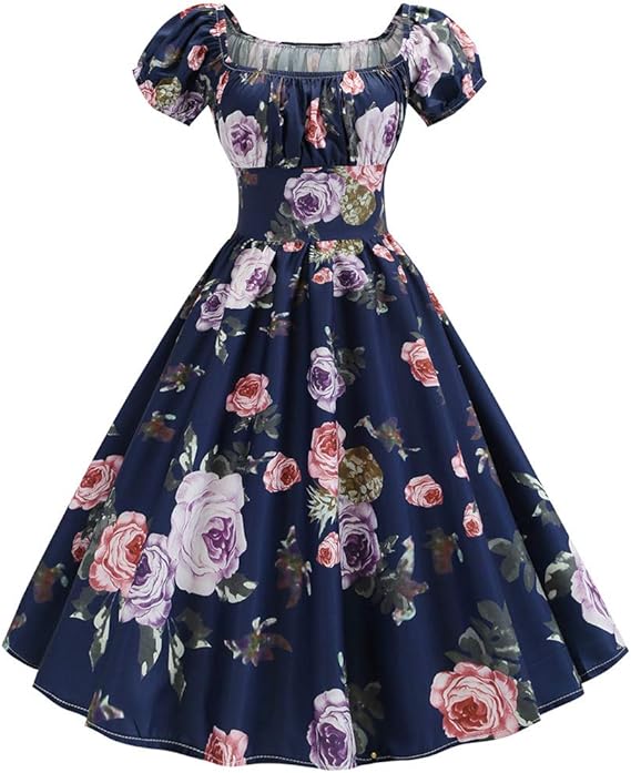 Amazon ワンピースドレス Florrita レディース ヴィンテージ 半袖 可愛い 花柄 パーティドレス ひざ丈 Aラインスカート ウエストドレス スイングワンピース 夏ワンピ 体型カバー 薄手 着痩せ 結婚式 フォーマル 50年代 洋服 ワンピース チュニック 通販