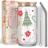 Cute Christmas Tree Glasses Cups Gifts for Women,Teacher,Friends,Kids,Hostess,Xmas Party Decoration 16oz Coffee Drinking Cups Mug with Lid and Straw Christmas Glasses Tumbler Office Gifts-82