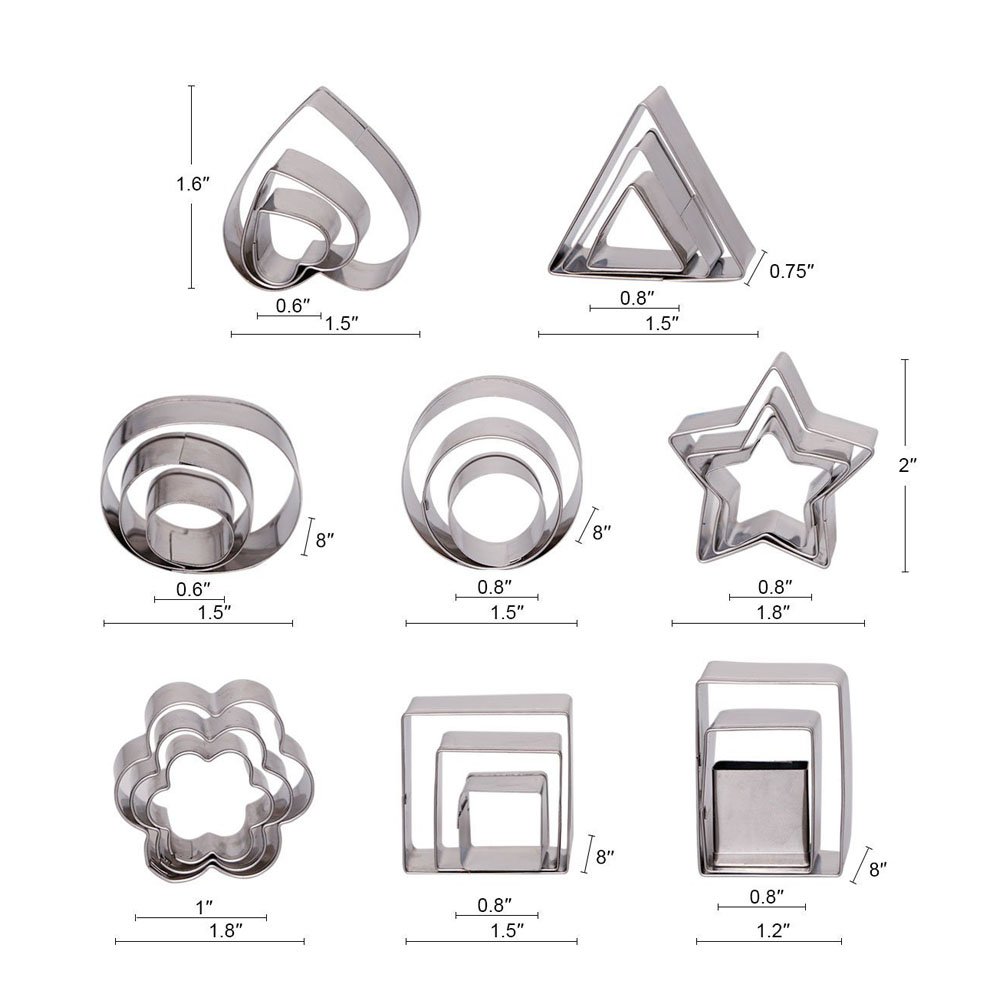 Ertek Biscuit Cookie Cutters Set- 24 Pieces Small Assorted size Stainless Steel Plain Edge Geometric Cutters for Kitchen, Baking, Dessert Plating Design and Molding Cake Decoration