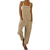 Himythe Women's Sleeveless Loose Fit Overalls Rompers Cotton Linen Wide Leg Jumpsuits