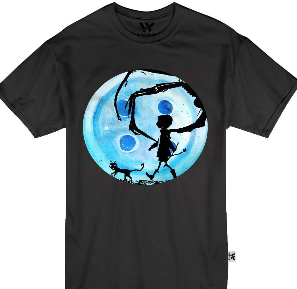 TopVip Inspired Tees Coraline Blue Full Moon Nightmare Cat Halloween Horror Button Tshirt Black XL
