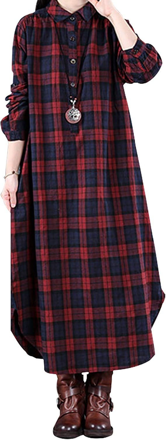 Amazon Co Jp Jqj レディース チェック柄 シャツワンピース 長袖 ビッグ ゆったり 着痩せ 通勤 オフィス 赤 緑 ファッション
