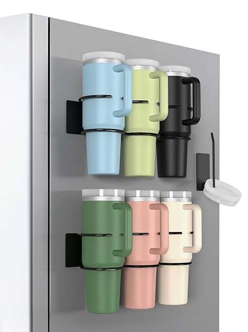 BOTEMY Magnetic Stanley Cup Holder for Fridge, Water Bottle Holder for Stanley Cup 40oz, 2 PCS Magnetic Cup Holder and 1 Tumbler Lid Organizer for Stanley Cup Accessories