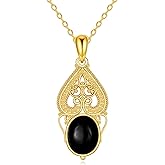 AINFQY Black Onyx Necklace 925 Sterling Silver 18K Gold Plated Filigree Vintage Pendant Black Onyx Jewelry Gift for Women Girls