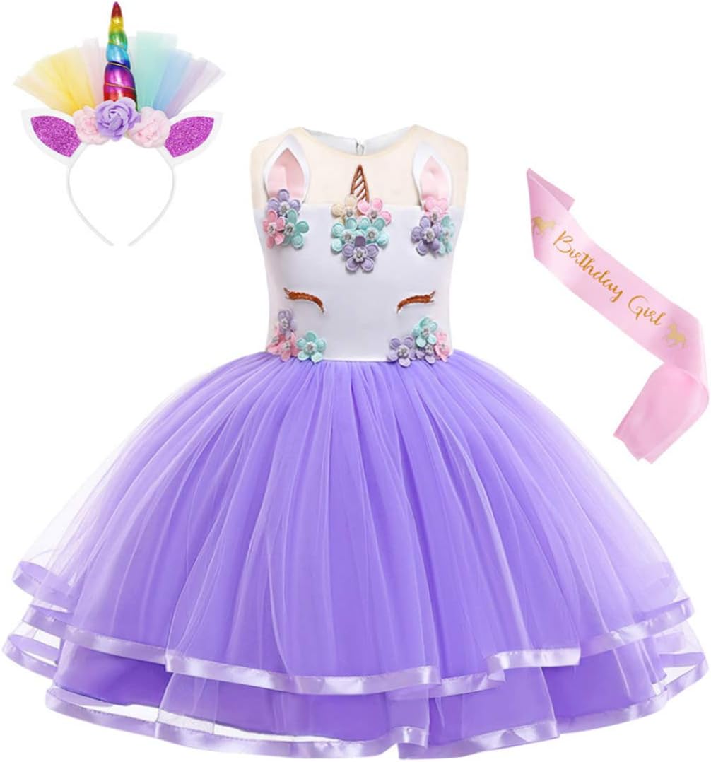 Cotrio Unicorn Costume Fancy Dress Up Flower Girls Dresses Pageant Party Evening Gowns Halloween Tutu Dress