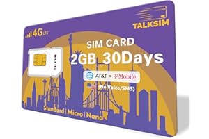 TALKSIM Data SIM Card 2GB 30Days, USA SIM Card 4G LTE Support AT&T, T-Mobile Network Compatible with Unlocked Security Camera/Router/Mobile WiFi Hotspot/GPS Tracker/Tablet iot Devices