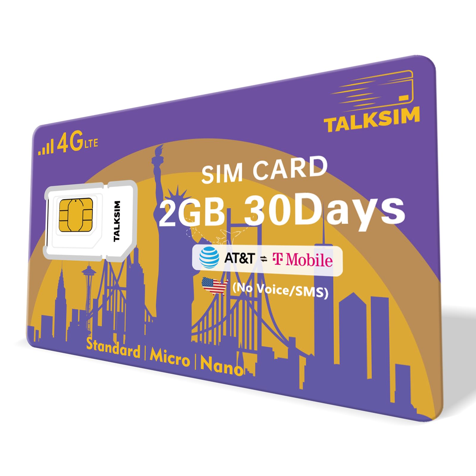 TALKSIM Data SIM Card 2GB 30Days, USA SIM 4G LTE Support AT&T, T-Mobile Network Compatible with Unlocked Security Camera/Router/Mobile WiFi Hotspot/GPS Tracker/Tablet iot Devices