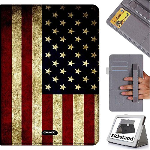Cowcool(R) ASUS Transformer Pad TF303 Folio Non Slip Elastic Hand Strap Dermis Cowhide Leather Card Slot Kickstand Closure Holster Case, Retro U.S.A Flags (MD14)