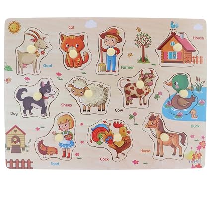 Flameer Wooden Peg Puzzle Jigsaw Educational Toys for 1 4 Year Olds Baby Toddlers Farm Animals