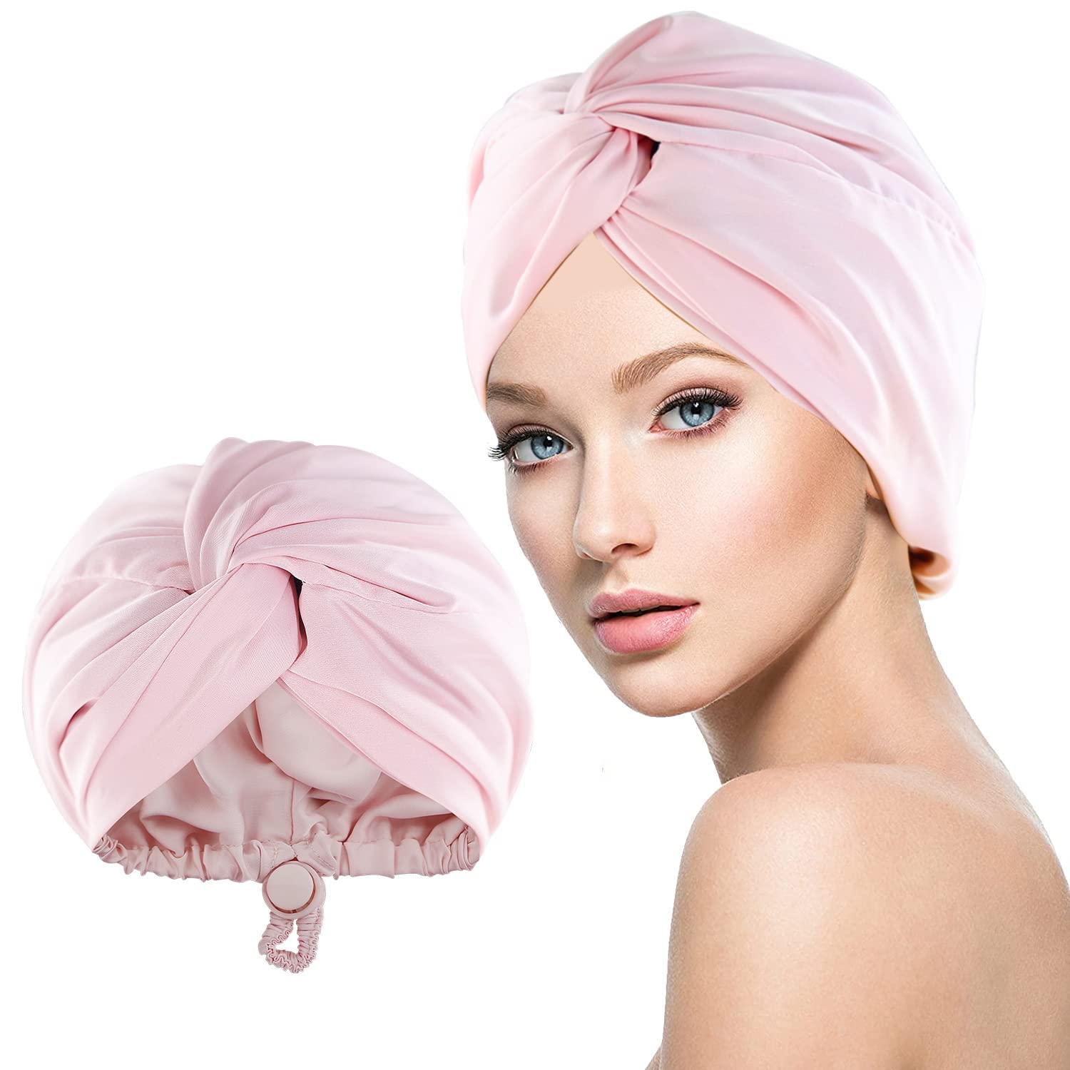 WUBAYI Silk Bonnet for Sleeping, Silk Hair wrap for sleeping, Satin Bonnet with Elastic Adjustable Button, Soft Hair Cover for Sleeping Cap for Long Straight Curly Hair Pink