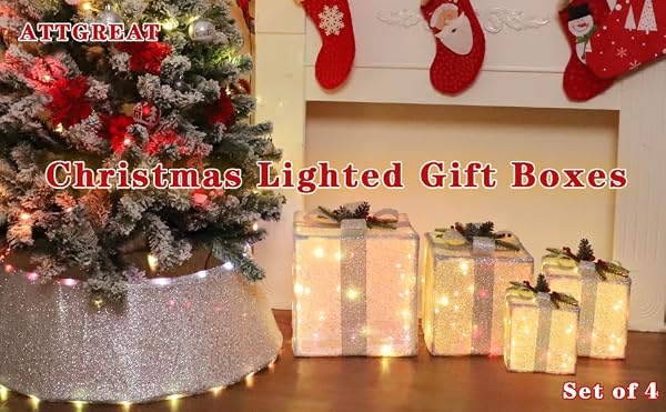 ATTGREAT CHRISTMAS LIGHTED GIFT BOXES, 100 LED LARGE SILVER PRESENTS GIFT BOX UNDER THE XMAS TREE FOR INDOOR OUTDOOR DECORATIONS（SET OF 4）