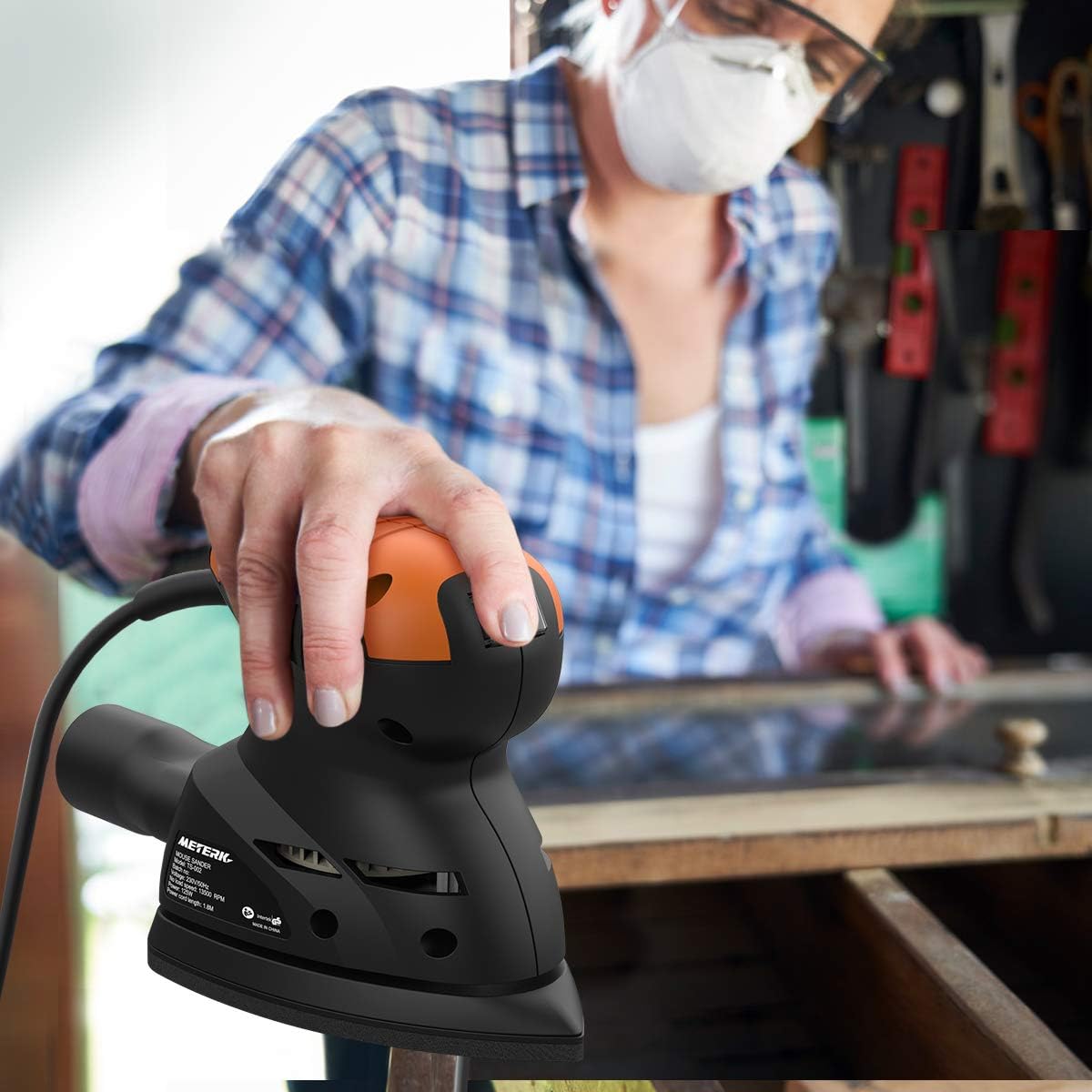 Mouse Detail Sander, Meterk Random Orbital Sander 125W 13500RPM Sander with 16PCS Sandpapers Dust Collection Port, Wall Putty Polishing Machines Sander for Home Decoration and DIY Working - - 