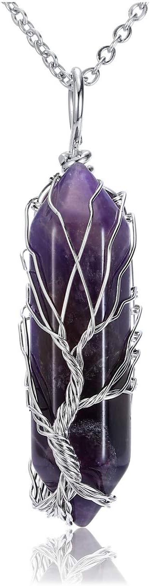 CrystalTears Amethyst Healing Crystal Stone Necklace Tree Life Wire Wrapped Natural Hexagonal Crystal Points Pendant Necklace Mothers Day Gifts for Mum Women Her Wife Girlfriend