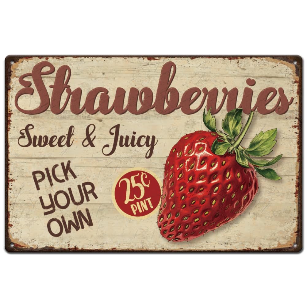 SUPERDANT Strawberry Metal Tin Sign Pick Your Own Metal Signs Retro Fruits Wall Plaque Vintage Metal Wall Art Poster Outdoor Garden Decoration for Kitchen Bar Pantry Bedroom Girl's Room