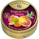 Cavendish &amp; Harvey Tropical Hard Candy Drops, 7 Ounce Tin | German hard candy, real fruit juice, gluten free, non-GMO, gold tin, family made 40+ years