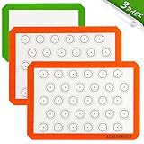 AshleyRiver Macaron Silicone 3 Piece Non Stick Baking Mats with Measurements 2 Half Sheet Liners and 1 Quarter Sheet Mat, Non Toxic and FDA Approved,Orange and Green