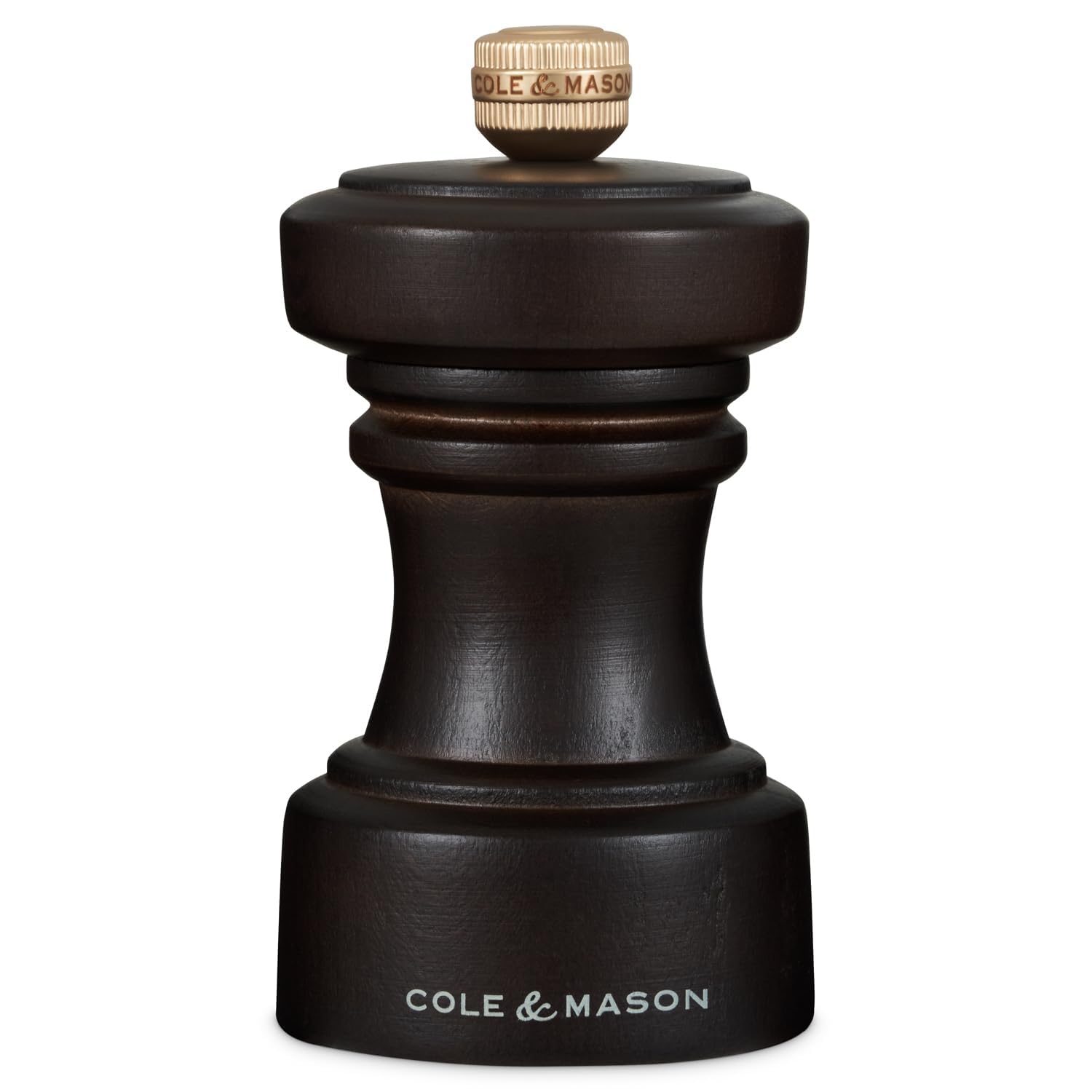 Cole & Mason Hoxton Chocolate Wood Salt Mill, Non Corroding Ceramic Mechanism, Compact Salt Grinder with Adjustable Grind, Beech Wood, 104mm, Seasoning Mill, Lifetime Mechanism Guarantee