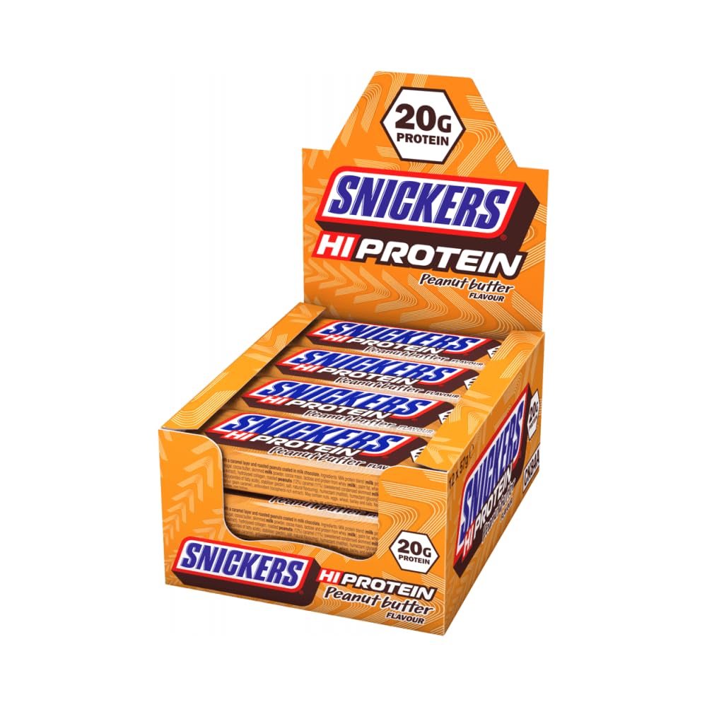 Snickers Hi Protein Peanut Butter Flavour Bar (12 x 57g) High Protein Snack with Caramel, Peanuts and Mild Chocolate - Contain 20g Protein