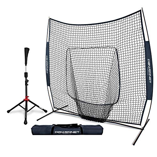 PowerNet Baseball Softball Practice Net 7x7 with Deluxe Tee (Navy) | Practice Hitting, Pitching, Batting, Fielding | Portable, Backstop, Training Aid, Lg Mouth, Bow Frame | Training Equipment Bundle