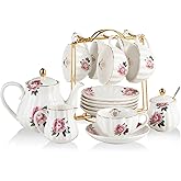 Sweejar Porcelain Tea Sets British Royal Series, 8 OZ Cups & Saucer Service for 6, with Teapot Sugar Bowl Cream Pitcher Teaspoons and Tea Strainer, Suitable for High Tea, Wedding, Party
