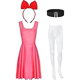 Ramede 4 Pcs Halloween Women's Costume Outfits Pink Sleeveless Dress Red Bow Headband Waist Belt Pantyhose Tights