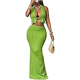 SOLY HUX Women's 2 Piece Skirt Sets Sexy Halter Crop Tops and Bodycon Maxi Skirt Summer Vacation Outfits