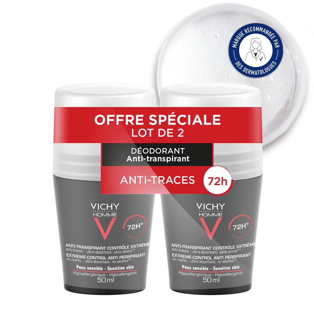 Vichy Homme Antitranspiranter Deoroll-on 72h,Pack of 2 (2 x 50ml)